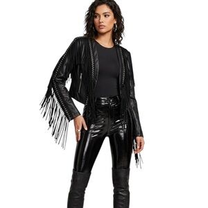 Black Fringe Faux Leather Jacket